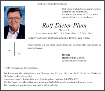 Traueranzeige von Rolf-Dieter Plum von trauer.extra-tipp-moenchengladbach.de