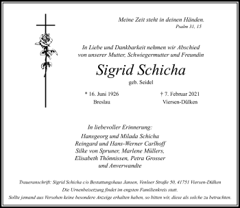 Traueranzeige von Sigrid Schicha von trauer.extra-tipp-moenchengladbach.de