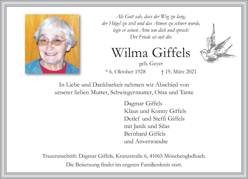  Traueranzeige für Wilma Giffels vom 28.03.2021 aus trauer.extra-tipp-moenchengladbach.de