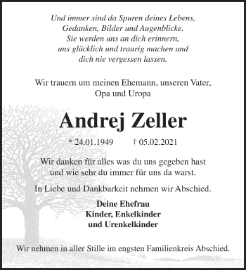 Traueranzeige von Andrej Zeller 