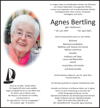 Traueranzeige von Agnes Bertling von trauer.extra-tipp-moenchengladbach.de