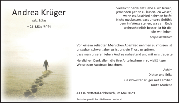 Traueranzeige von Andrea Krüger von trauer.extra-tipp-moenchengladbach.de