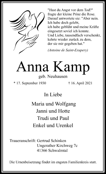 Traueranzeige von Anna Kamp von trauer.extra-tipp-moenchengladbach.de