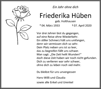 Traueranzeige von Friederika Hüben von trauer.extra-tipp-moenchengladbach.de