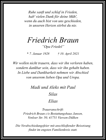 Traueranzeige von Friedrich Braun von trauer.extra-tipp-moenchengladbach.de