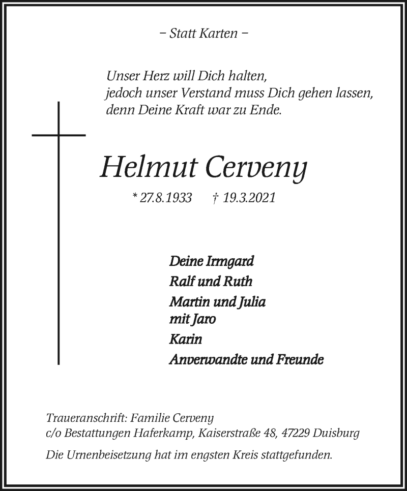  Traueranzeige für Helmut Cerveny vom 11.04.2021 aus trauer.mein.krefeld.de