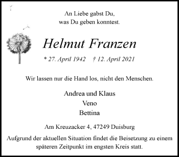 Traueranzeige von Helmut Franzen von trauer.extra-tipp-moenchengladbach.de