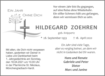 Traueranzeige von Hildegard Zoehren von trauer.extra-tipp-moenchengladbach.de