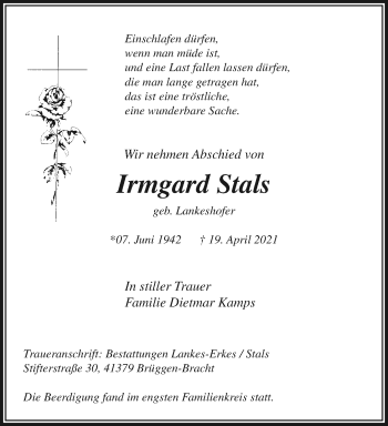 Traueranzeige von Irmgard Stals von trauer.extra-tipp-moenchengladbach.de