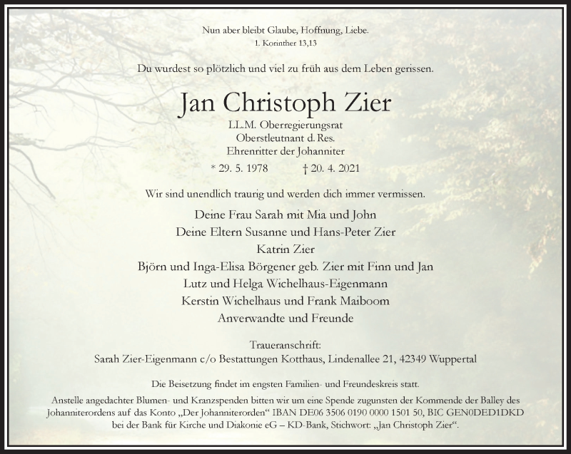  Traueranzeige für Jan Christoph Zier vom 01.05.2021 aus trauer.wuppertaler-rundschau.de