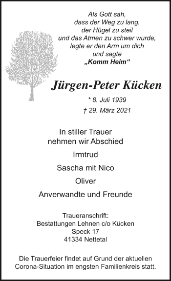 Traueranzeige von Jürgen-Peter Kücken von trauer.extra-tipp-moenchengladbach.de