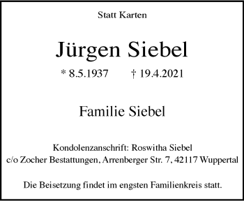 Traueranzeige von Jürgen Siebel von trauer.wuppertaler-rundschau.de