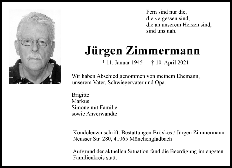 Traueranzeige für Jürgen Zimmermann vom 18.04.2021 aus trauer.extra-tipp-moenchengladbach.de