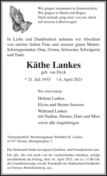 Traueranzeige von Käthe Lankes von trauer.extra-tipp-moenchengladbach.de