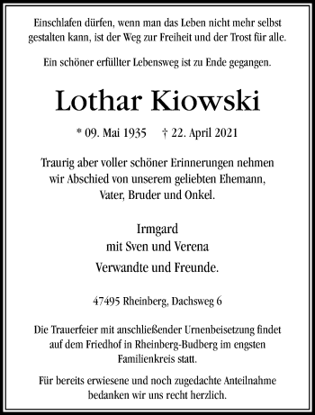 Traueranzeige von Lothar Kiowski von trauer.extra-tipp-moenchengladbach.de