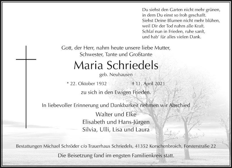  Traueranzeige für Maria Schriedels vom 18.04.2021 aus trauer.extra-tipp-moenchengladbach.de