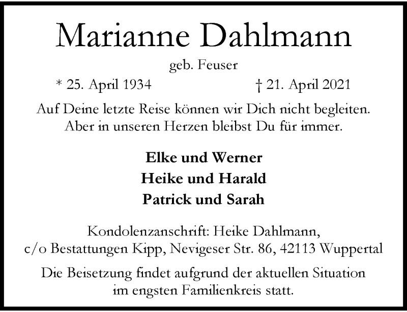 Traueranzeige für Marianne Dahlmann vom 01.05.2021 aus trauer.wuppertaler-rundschau.de