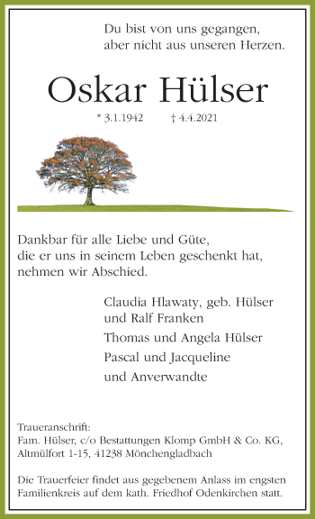 Traueranzeige von Oskar Hülser von trauer.extra-tipp-moenchengladbach.de