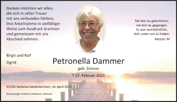 Traueranzeige von Petronella Dammer von trauer.extra-tipp-moenchengladbach.de