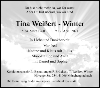 Traueranzeige von Tina Weißert-Winter von trauer.extra-tipp-moenchengladbach.de