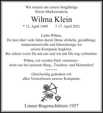 Traueranzeige von Wilma Klein von trauer.mein.krefeld.de