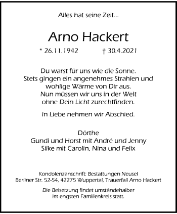 Traueranzeige von Arno Hackert von trauer.wuppertaler-rundschau.de