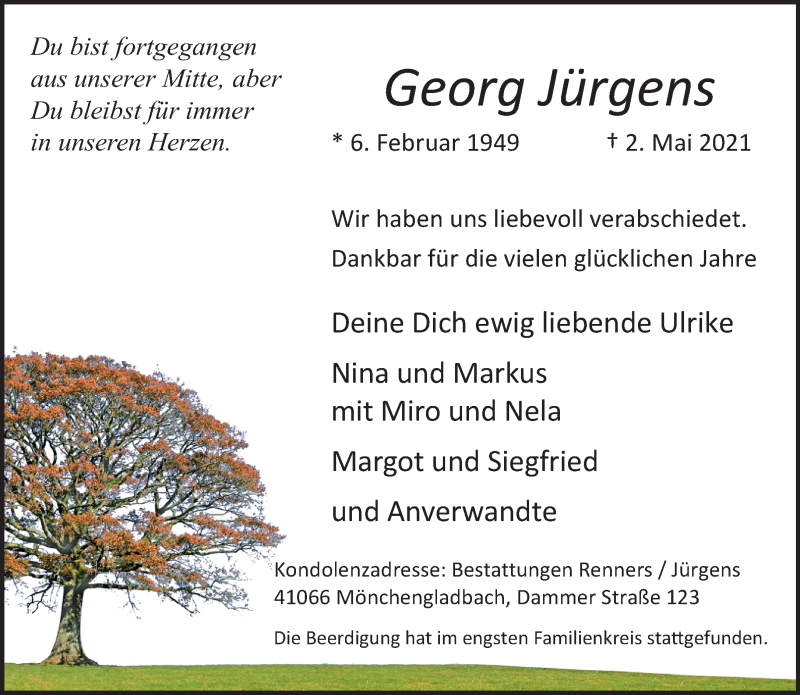  Traueranzeige für Georg Jürgens vom 09.05.2021 aus trauer.extra-tipp-moenchengladbach.de