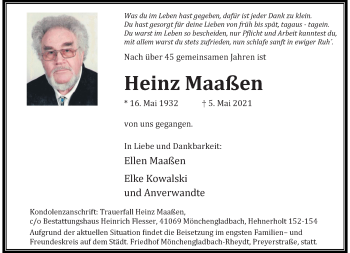 Traueranzeige von Heinz Maaßen von trauer.extra-tipp-moenchengladbach.de