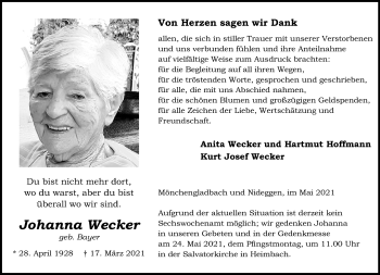 Traueranzeige von Johanna Wecker von trauer.extra-tipp-moenchengladbach.de