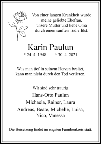Traueranzeige von Karin Paulun von trauer.wuppertaler-rundschau.de