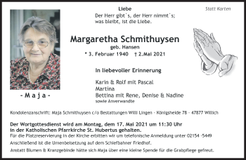 Traueranzeige von Margaretha Schmithuysen von trauer.extra-tipp-moenchengladbach.de