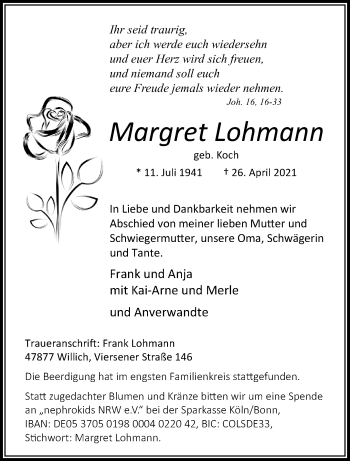 Traueranzeige von Margret Lohmann von trauer.extra-tipp-moenchengladbach.de
