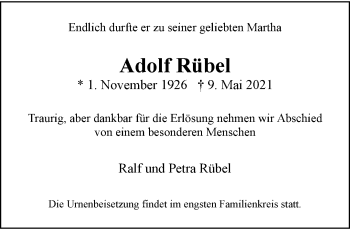 Traueranzeige von Adolf Rübel von trauer.wuppertaler-rundschau.de