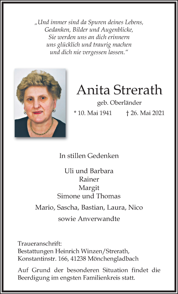  Traueranzeige für Anita Strerath vom 30.05.2021 aus trauer.extra-tipp-moenchengladbach.de