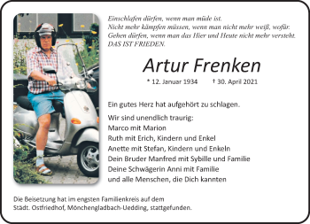 Traueranzeige von Artur Frenken von trauer.extra-tipp-moenchengladbach.de