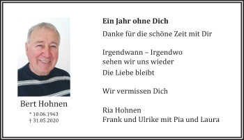 Traueranzeige von Bert Hohnen von trauer.extra-tipp-moenchengladbach.de