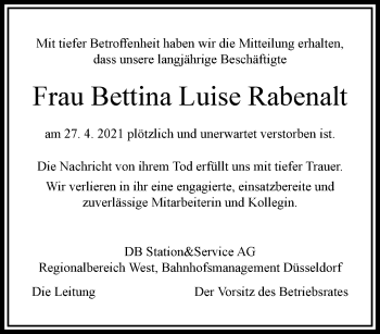 Traueranzeige von Bettina Luise Rabenalt von trauer.wuppertaler-rundschau.de