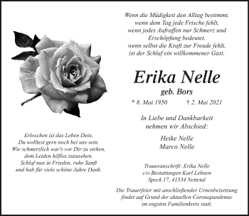 Traueranzeige von Erika Nelle von trauer.extra-tipp-moenchengladbach.de