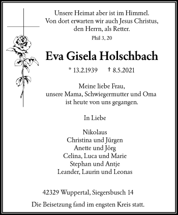 Traueranzeige von Eva Gisela Holschbach von trauer.wuppertaler-rundschau.de