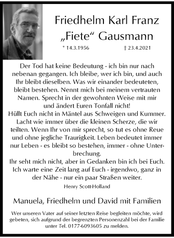 Traueranzeige von Friedhelm Karl Franz Gausmann von trauer.wuppertaler-rundschau.de