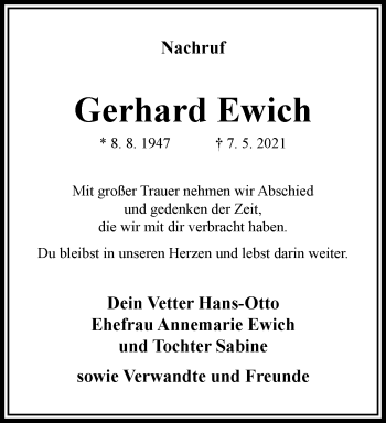 Traueranzeige von Gerhard Ewich von trauer.wuppertaler-rundschau.de