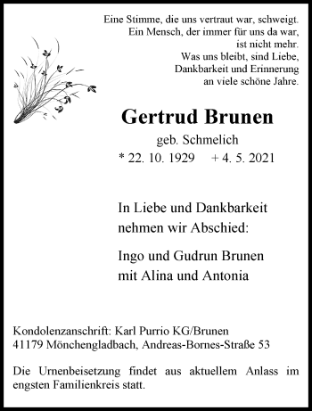 Traueranzeige von Gertrud Brunen von trauer.extra-tipp-moenchengladbach.de
