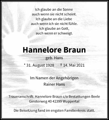 Traueranzeige von Hannelore Braun von trauer.wuppertaler-rundschau.de