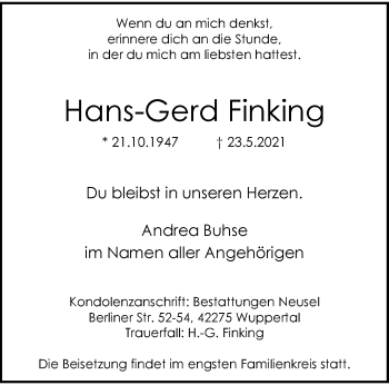 Traueranzeige von Hans-Gerd Finking von trauer.wuppertaler-rundschau.de