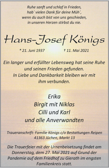 Traueranzeige von Hans Josef Königs von trauer.stadt-kurier.de