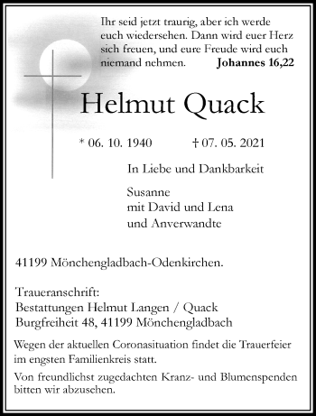 Traueranzeige von Helmut Quack von trauer.extra-tipp-moenchengladbach.de