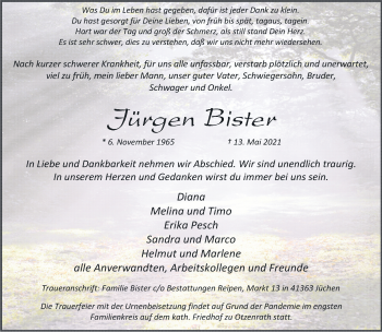 Traueranzeige von Jürgen Bister von trauer.stadt-kurier.de