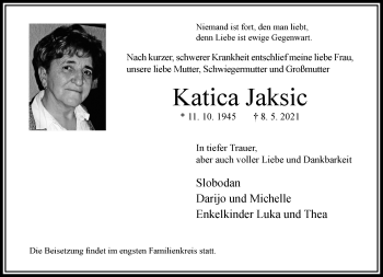Traueranzeige von Katica Jaksic von trauer.wuppertaler-rundschau.de