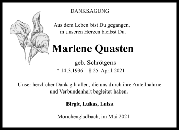 Traueranzeige von Marlene Quasten von trauer.extra-tipp-moenchengladbach.de