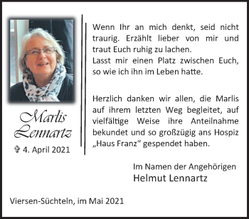 Traueranzeige von Marlis Lennartz von trauer.extra-tipp-moenchengladbach.de